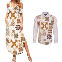 Vintage Hawaii Couples Matching Summer Maxi Dress and Long Sleeve Button Shirts Hawaiian Quilt Kapa Mismatch Beige LT7 - Wonder Print Shop