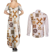 Vintage Hawaii Couples Matching Summer Maxi Dress and Long Sleeve Button Shirts Hawaiian Quilt Kapa Mismatch Beige LT7 - Wonder Print Shop