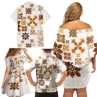 Vintage Hawaii Family Matching Off Shoulder Short Dress and Hawaiian Shirt Hawaiian Quilt Kapa Mismatch Beige LT7 - Wonder Print Shop
