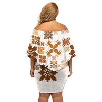 Vintage Hawaii Family Matching Off Shoulder Short Dress and Hawaiian Shirt Hawaiian Quilt Kapa Mismatch Beige LT7 - Wonder Print Shop