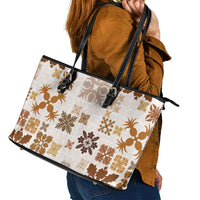 Vintage Hawaii Leather Tote Bag Hawaiian Quilt Kapa Mismatch Beige - Wonder Print Shop