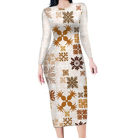 Vintage Hawaii Long Sleeve Bodycon Dress Hawaiian Quilt Kapa Mismatch Beige - Wonder Print Shop