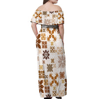 Vintage Hawaii Off Shoulder Maxi Dress Hawaiian Quilt Kapa Mismatch Beige - Wonder Print Shop