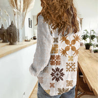 Vintage Hawaii Women Casual Shirt Hawaiian Quilt Kapa Mismatch Beige - Wonder Print Shop