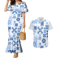 Vintage Hawaii Couples Matching Mermaid Dress and Hawaiian Shirt Hawaiian Quilt Kapa Mismatch Blue LT7 - Wonder Print Shop