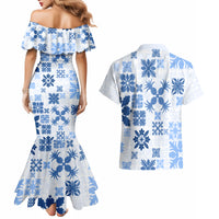 Vintage Hawaii Couples Matching Mermaid Dress and Hawaiian Shirt Hawaiian Quilt Kapa Mismatch Blue LT7 - Wonder Print Shop