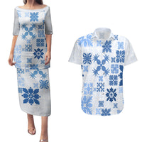 Vintage Hawaii Couples Matching Puletasi Dress and Hawaiian Shirt Hawaiian Quilt Kapa Mismatch Blue LT7 - Wonder Print Shop