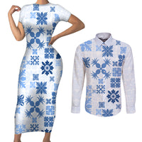 Vintage Hawaii Couples Matching Short Sleeve Bodycon Dress and Long Sleeve Button Shirts Hawaiian Quilt Kapa Mismatch Blue LT7 - Wonder Print Shop