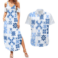 Vintage Hawaii Couples Matching Summer Maxi Dress and Hawaiian Shirt Hawaiian Quilt Kapa Mismatch Blue LT7 - Wonder Print Shop