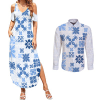 Vintage Hawaii Couples Matching Summer Maxi Dress and Long Sleeve Button Shirts Hawaiian Quilt Kapa Mismatch Blue LT7 - Wonder Print Shop