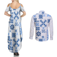 Vintage Hawaii Couples Matching Summer Maxi Dress and Long Sleeve Button Shirts Hawaiian Quilt Kapa Mismatch Blue LT7 - Wonder Print Shop
