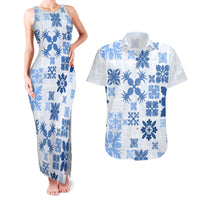 Vintage Hawaii Couples Matching Tank Maxi Dress and Hawaiian Shirt Hawaiian Quilt Kapa Mismatch Blue LT7 - Wonder Print Shop
