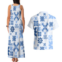 Vintage Hawaii Couples Matching Tank Maxi Dress and Hawaiian Shirt Hawaiian Quilt Kapa Mismatch Blue LT7 - Wonder Print Shop