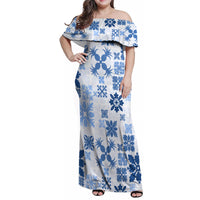 Vintage Hawaii Family Matching Off Shoulder Maxi Dress and Hawaiian Shirt Hawaiian Quilt Kapa Mismatch Blue LT7 - Wonder Print Shop