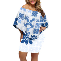 Vintage Hawaii Family Matching Off Shoulder Short Dress and Hawaiian Shirt Hawaiian Quilt Kapa Mismatch Blue LT7 - Wonder Print Shop