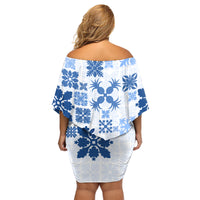 Vintage Hawaii Family Matching Off Shoulder Short Dress and Hawaiian Shirt Hawaiian Quilt Kapa Mismatch Blue LT7 - Wonder Print Shop