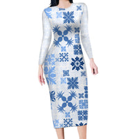 Vintage Hawaii Long Sleeve Bodycon Dress Hawaiian Quilt Kapa Mismatch Blue - Wonder Print Shop
