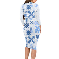 Vintage Hawaii Long Sleeve Bodycon Dress Hawaiian Quilt Kapa Mismatch Blue - Wonder Print Shop