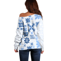 Vintage Hawaii Off Shoulder Sweater Hawaiian Quilt Kapa Mismatch Blue - Wonder Print Shop