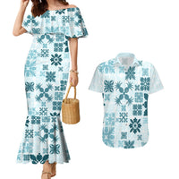 Vintage Hawaii Couples Matching Mermaid Dress and Hawaiian Shirt Hawaiian Quilt Kapa Mismatch Teal LT7 - Wonder Print Shop