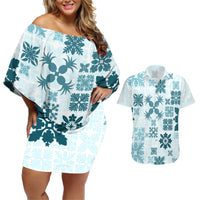 Vintage Hawaii Couples Matching Off Shoulder Short Dress and Hawaiian Shirt Hawaiian Quilt Kapa Mismatch Teal LT7 - Wonder Print Shop