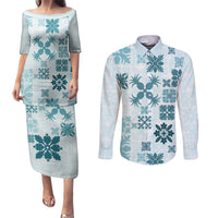 Vintage Hawaii Couples Matching Puletasi Dress and Long Sleeve Button Shirts Hawaiian Quilt Kapa Mismatch Teal LT7 - Wonder Print Shop