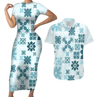 Vintage Hawaii Couples Matching Short Sleeve Bodycon Dress and Hawaiian Shirt Hawaiian Quilt Kapa Mismatch Teal LT7 - Wonder Print Shop