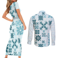 Vintage Hawaii Couples Matching Short Sleeve Bodycon Dress and Long Sleeve Button Shirts Hawaiian Quilt Kapa Mismatch Teal LT7 - Wonder Print Shop