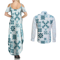 Vintage Hawaii Couples Matching Summer Maxi Dress and Long Sleeve Button Shirts Hawaiian Quilt Kapa Mismatch Teal LT7 - Wonder Print Shop