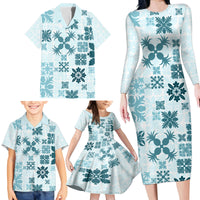 Vintage Hawaii Family Matching Long Sleeve Bodycon Dress and Hawaiian Shirt Hawaiian Quilt Kapa Mismatch Teal LT7 - Wonder Print Shop