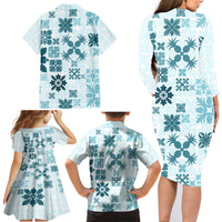 Vintage Hawaii Family Matching Long Sleeve Bodycon Dress and Hawaiian Shirt Hawaiian Quilt Kapa Mismatch Teal LT7 - Wonder Print Shop
