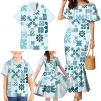 Vintage Hawaii Family Matching Mermaid Dress and Hawaiian Shirt Hawaiian Quilt Kapa Mismatch Teal LT7 - Wonder Print Shop
