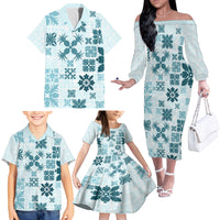 Vintage Hawaii Family Matching Off Shoulder Long Sleeve Dress and Hawaiian Shirt Hawaiian Quilt Kapa Mismatch Teal - Wonder Print Shop