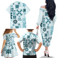 Vintage Hawaii Family Matching Off Shoulder Long Sleeve Dress and Hawaiian Shirt Hawaiian Quilt Kapa Mismatch Teal - Wonder Print Shop