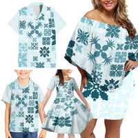 Vintage Hawaii Family Matching Off Shoulder Short Dress and Hawaiian Shirt Hawaiian Quilt Kapa Mismatch Teal LT7 - Wonder Print Shop
