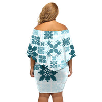 Vintage Hawaii Family Matching Off Shoulder Short Dress and Hawaiian Shirt Hawaiian Quilt Kapa Mismatch Teal LT7 - Wonder Print Shop