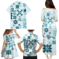 Vintage Hawaii Family Matching Puletasi Dress and Hawaiian Shirt Hawaiian Quilt Kapa Mismatch Teal - Wonder Print Shop