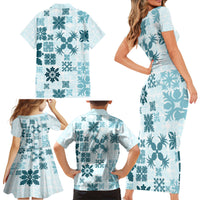 Vintage Hawaii Family Matching Short Sleeve Bodycon Dress and Hawaiian Shirt Hawaiian Quilt Kapa Mismatch Teal - Wonder Print Shop