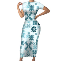 Vintage Hawaii Family Matching Short Sleeve Bodycon Dress and Hawaiian Shirt Hawaiian Quilt Kapa Mismatch Teal - Wonder Print Shop