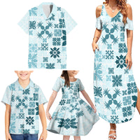 Vintage Hawaii Family Matching Summer Maxi Dress and Hawaiian Shirt Hawaiian Quilt Kapa Mismatch Teal - Wonder Print Shop