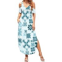 Vintage Hawaii Family Matching Summer Maxi Dress and Hawaiian Shirt Hawaiian Quilt Kapa Mismatch Teal - Wonder Print Shop