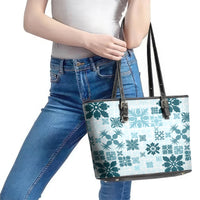 Vintage Hawaii Leather Tote Bag Hawaiian Quilt Kapa Mismatch Teal - Wonder Print Shop