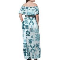 Vintage Hawaii Off Shoulder Maxi Dress Hawaiian Quilt Kapa Mismatch Teal - Wonder Print Shop