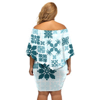 Vintage Hawaii Off Shoulder Short Dress Hawaiian Quilt Kapa Mismatch Teal - Wonder Print Shop