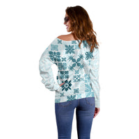 Vintage Hawaii Off Shoulder Sweater Hawaiian Quilt Kapa Mismatch Teal - Wonder Print Shop