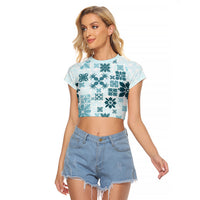 Vintage Hawaii Raglan Cropped T Shirt Hawaiian Quilt Kapa Mismatch Teal - Wonder Print Shop