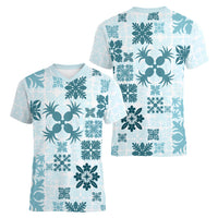 Vintage Hawaii Women V Neck T Shirt Hawaiian Quilt Kapa Mismatch Teal - Wonder Print Shop