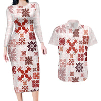 Vintage Hawaii Couples Matching Long Sleeve Bodycon Dress and Hawaiian Shirt Hawaiian Quilt Kapa Mismatch Red LT7 - Wonder Print Shop