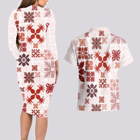 Vintage Hawaii Couples Matching Long Sleeve Bodycon Dress and Hawaiian Shirt Hawaiian Quilt Kapa Mismatch Red LT7 - Wonder Print Shop