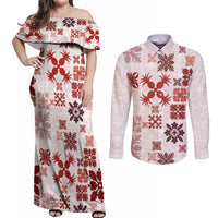 Vintage Hawaii Couples Matching Off Shoulder Maxi Dress and Long Sleeve Button Shirts Hawaiian Quilt Kapa Mismatch Red LT7 - Wonder Print Shop